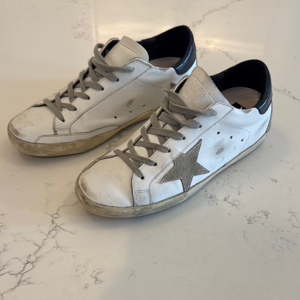 Golden Goose White and Navy Super-Star  Classic Distressed Sneakers